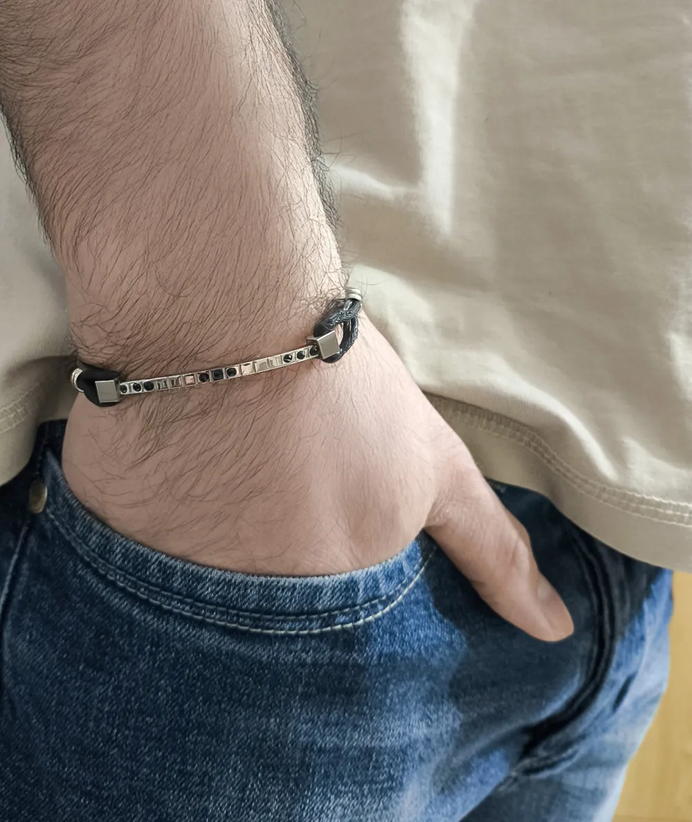 Ανδρικό βραχιόλι από ανοξείδωτο ατσάλι με ζιργκόν & βαμβακερό κορδόνι, 21,5 εκατοστά, TRIBUTE, 0230368201